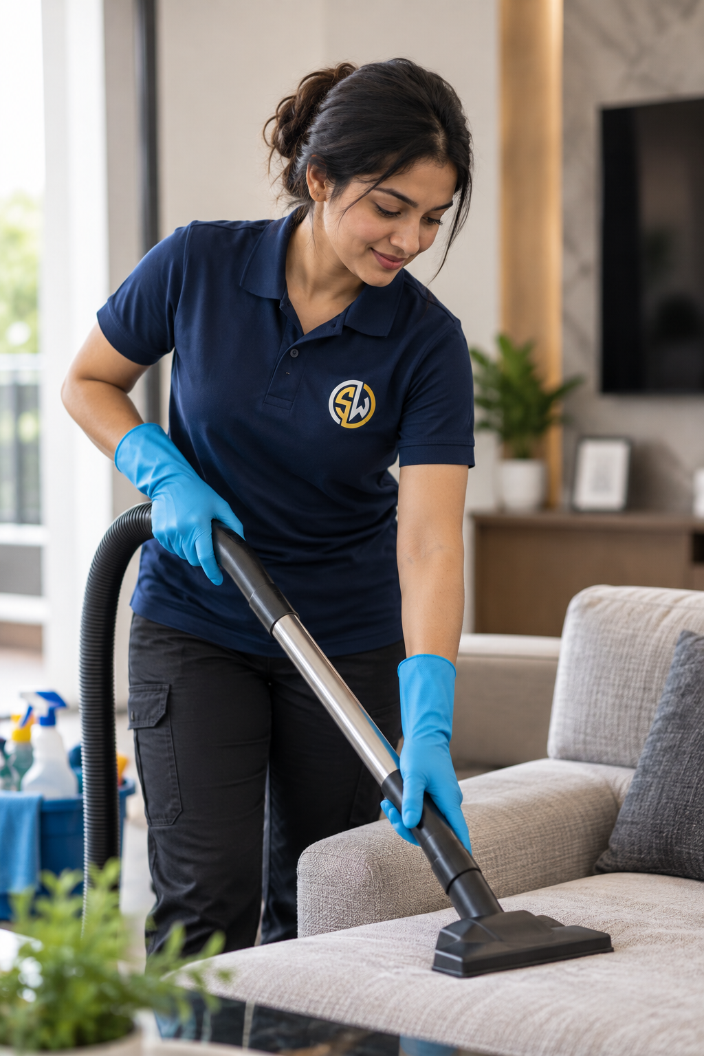 Smartwell housekeeping professional vacuuming a sofa