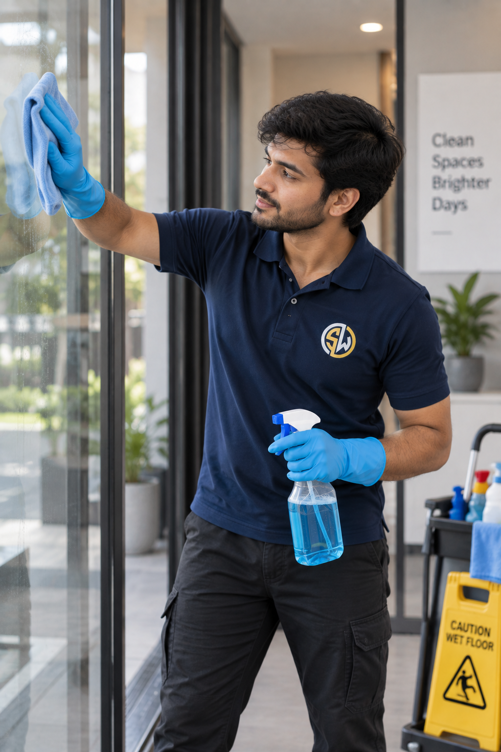 Smartwell professional cleaning windows in a commercial space